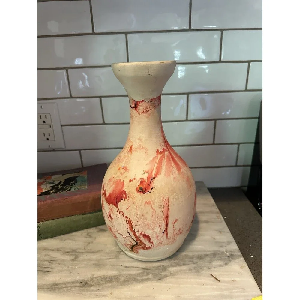 Nemadji Pottery Red Swirl Vase 12”Tall Multi Color Red Swirls Western Decor